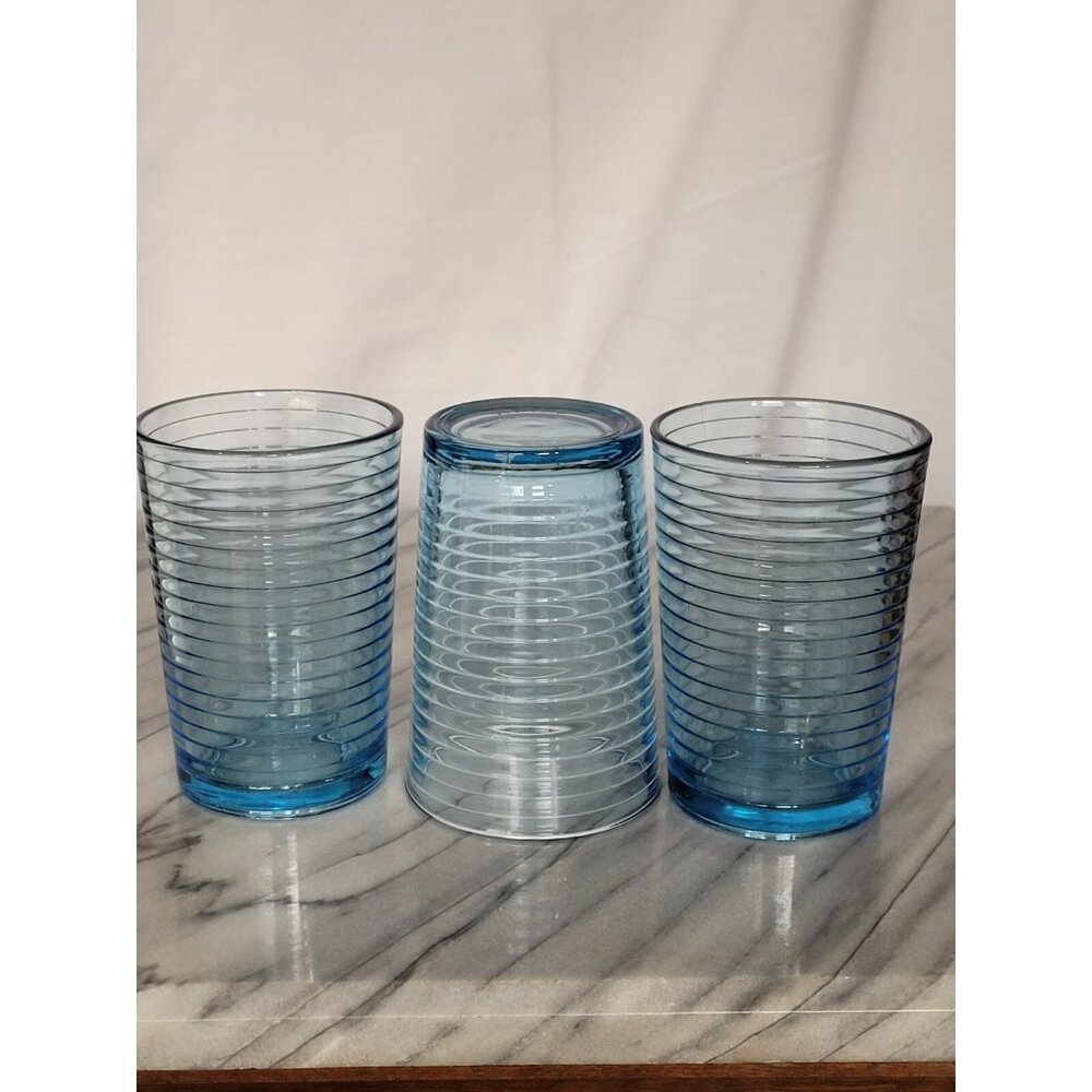 KIG Indonesia 4" Juice Glass Blue Concentric Ribbed Circular Pattern Vintage Set - Picture 4 of 13